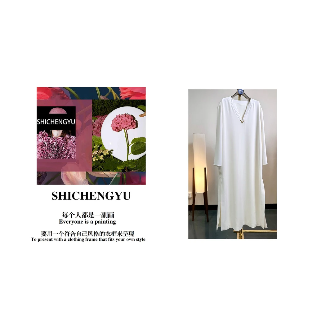 时尚设计师款纯色简约大气金属v领长款轻奢女士连衣裙