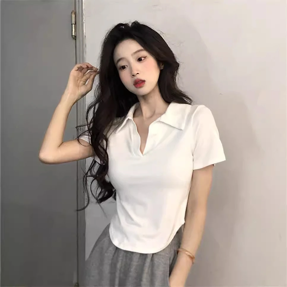 纯棉短袖T恤女polo衫短款紧身正肩设计感小众时尚甜辣法式辣妹装