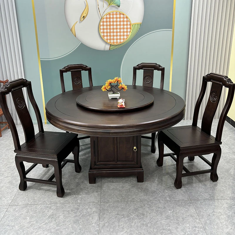 金丝檀木实木餐桌椅组合新中式圆形吃饭桌子家用餐厅带桌子餐桌