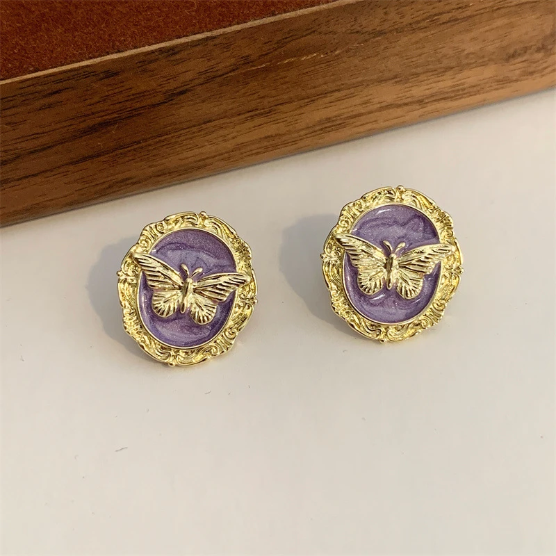 铜合金亚克力耳饰 小众法式复古油画质感文艺蝴蝶紫色蚊香盘耳夹