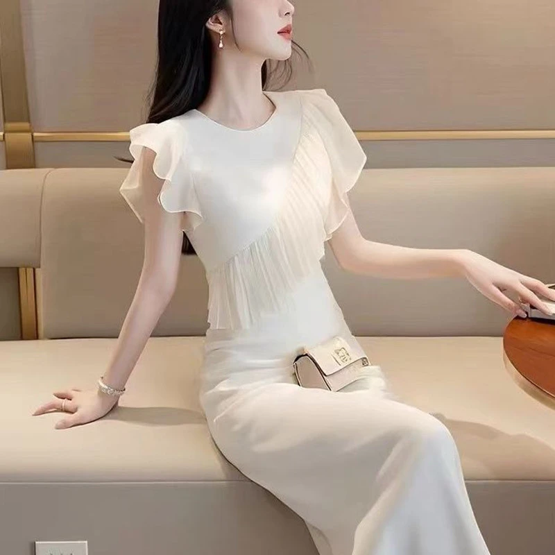 法式独特绝美小个子白色雪纺拼接连衣裙夏季小众不撞款好看长裙女