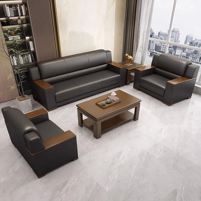 办公室沙发真皮接待老板经理会客洽谈高档商务休闲茶几组合三人位