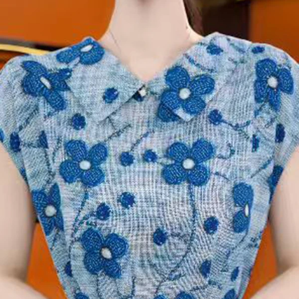 L-2025苏杭新款气质高端优雅显瘦高级感 蓝色马赛克V领连衣裙