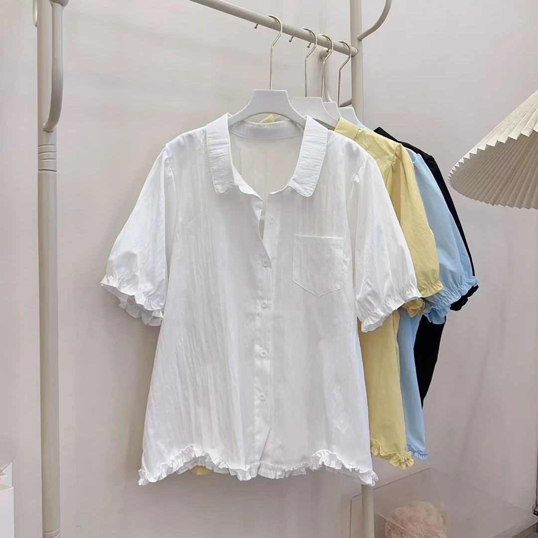 胖胖家*8439新款翻领花边显瘦百搭减龄半袖开衫