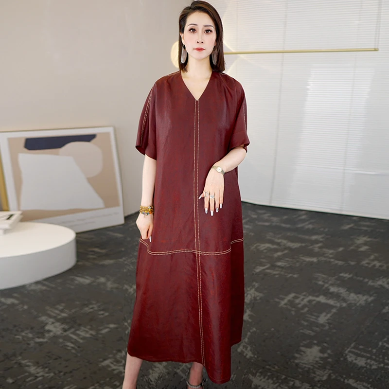 2025夏季时尚浪漫大牌杭州香云纱真丝连衣裙女气质妈妈桑蚕丝裙子