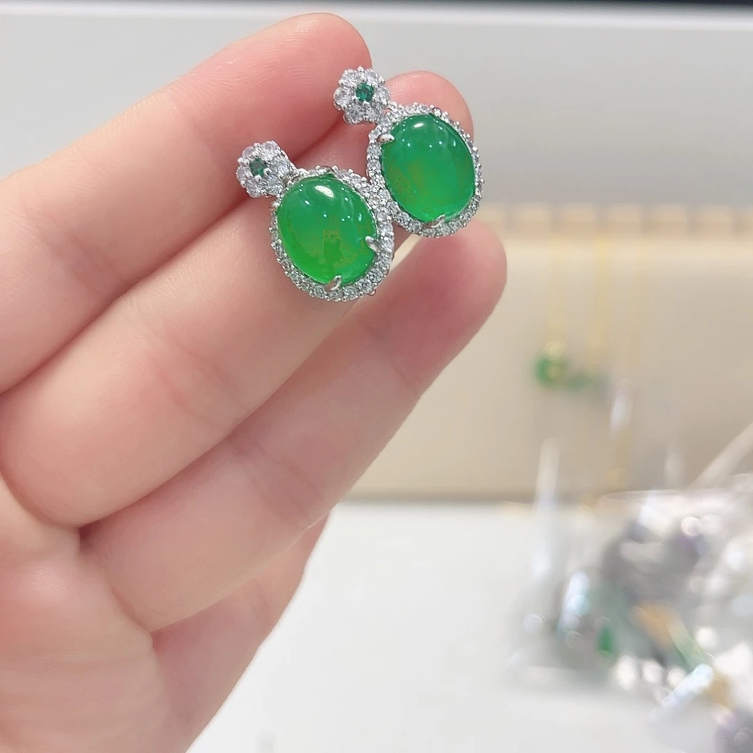 翡翠银S925镶嵌耳饰耳钉