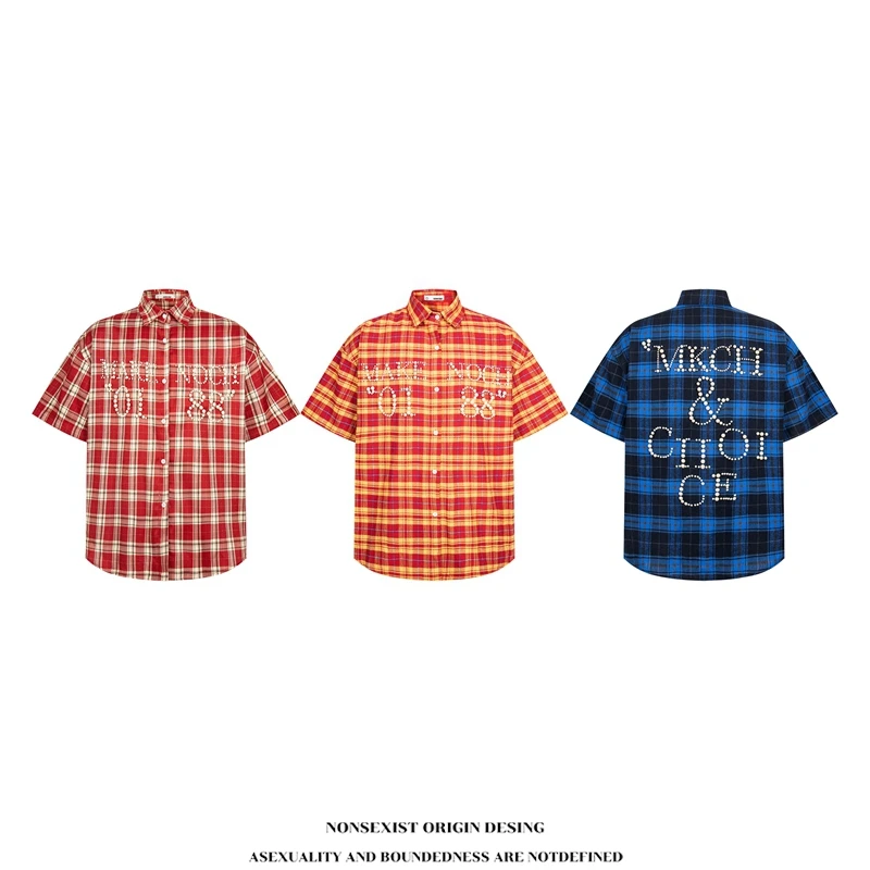 NONSEXIST 原创国潮格子钉珠短袖衬衫男女新款衬衣外套小众穿搭