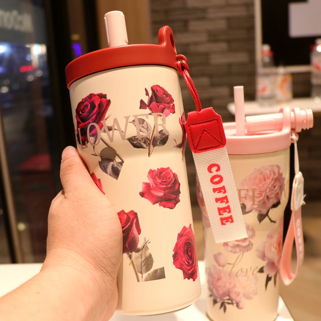 女士保温杯高颜值吸管杯2025新款咖啡杯子宽口水杯可爱办公室杯子