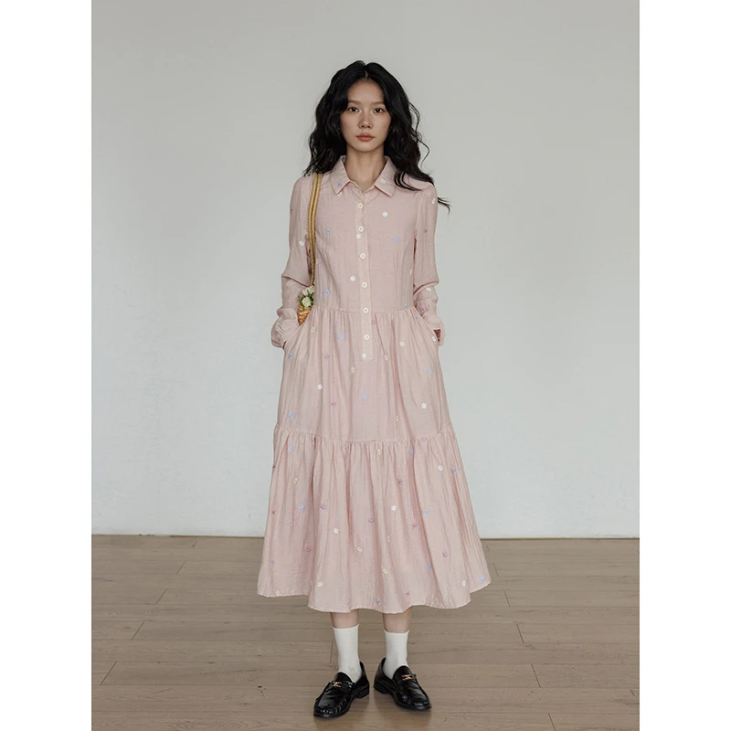 vastand维尚 刺绣小花衬衫长袖连衣裙慵懒风多巴胺甜美显瘦长裙