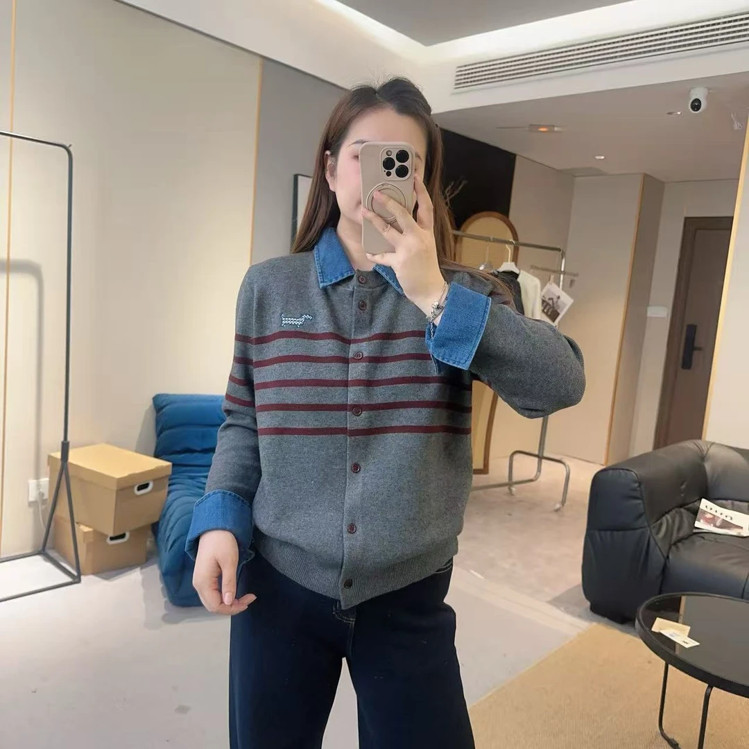 【欧加粒粒】韩系穿搭牛仔拼接假两件条纹针织开衫叠穿 Y25111706