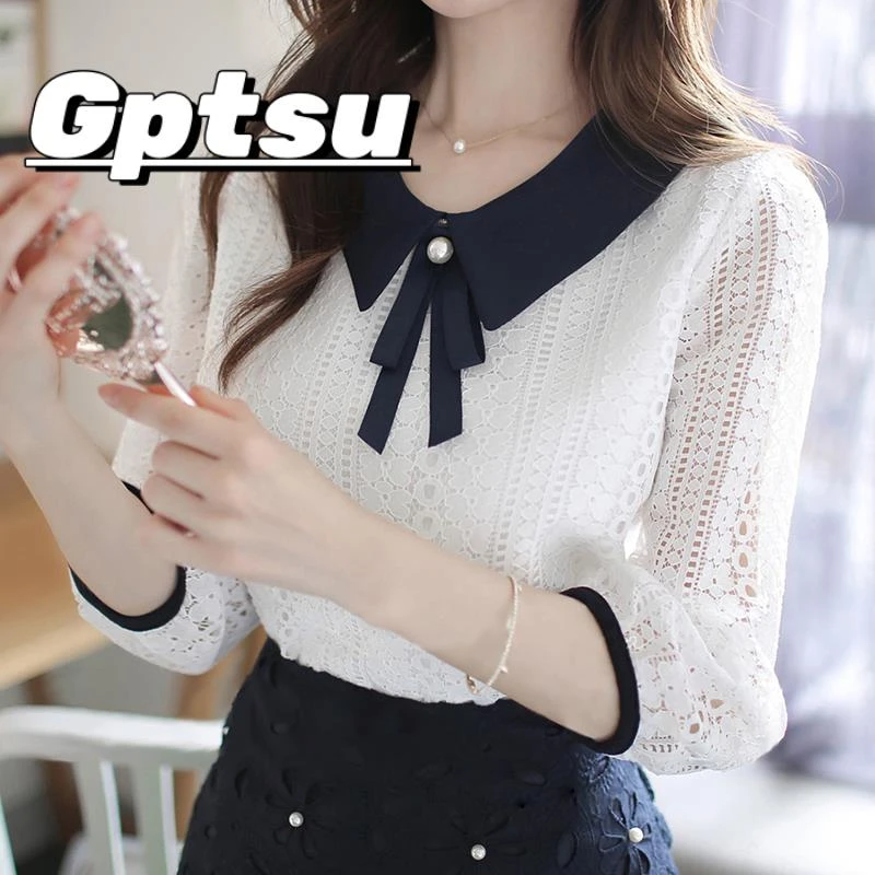 GPTSu娃娃领蕾丝上衣女2025夏白色雪纺衫洋气打底蝴蝶结时尚衬衫