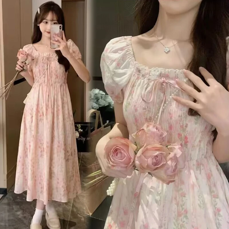 法式少女方领蕾丝花边系带收腰显瘦桔梗温柔碎花连衣裙