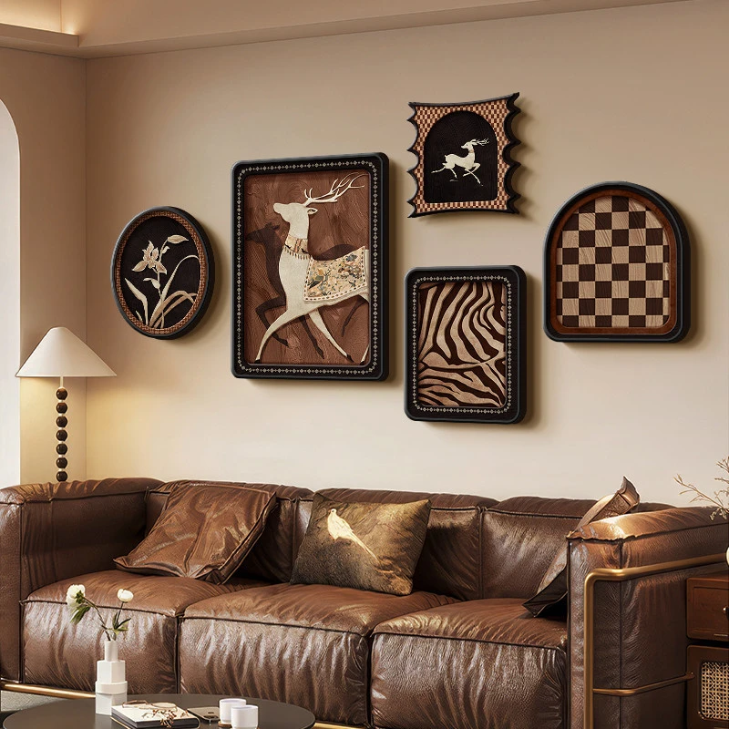 中古风麋鹿沙发背景墙挂画法式复古高级感客厅装饰画动物组合壁画