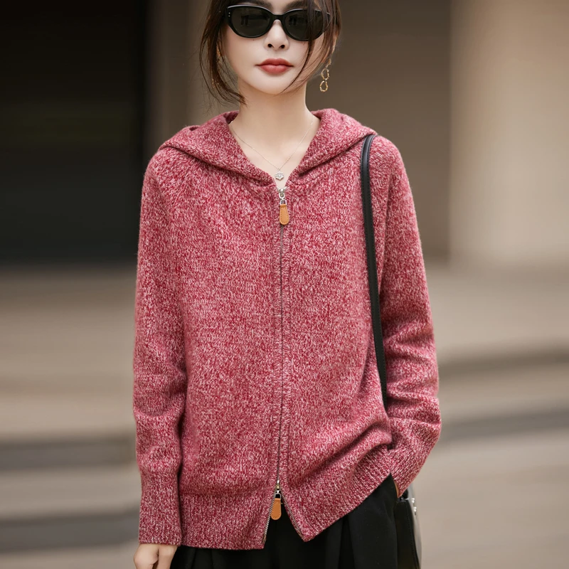 100%纯羊毛休闲连帽羊毛衫百搭时尚连帽针织开衫女加厚带帽打底衫