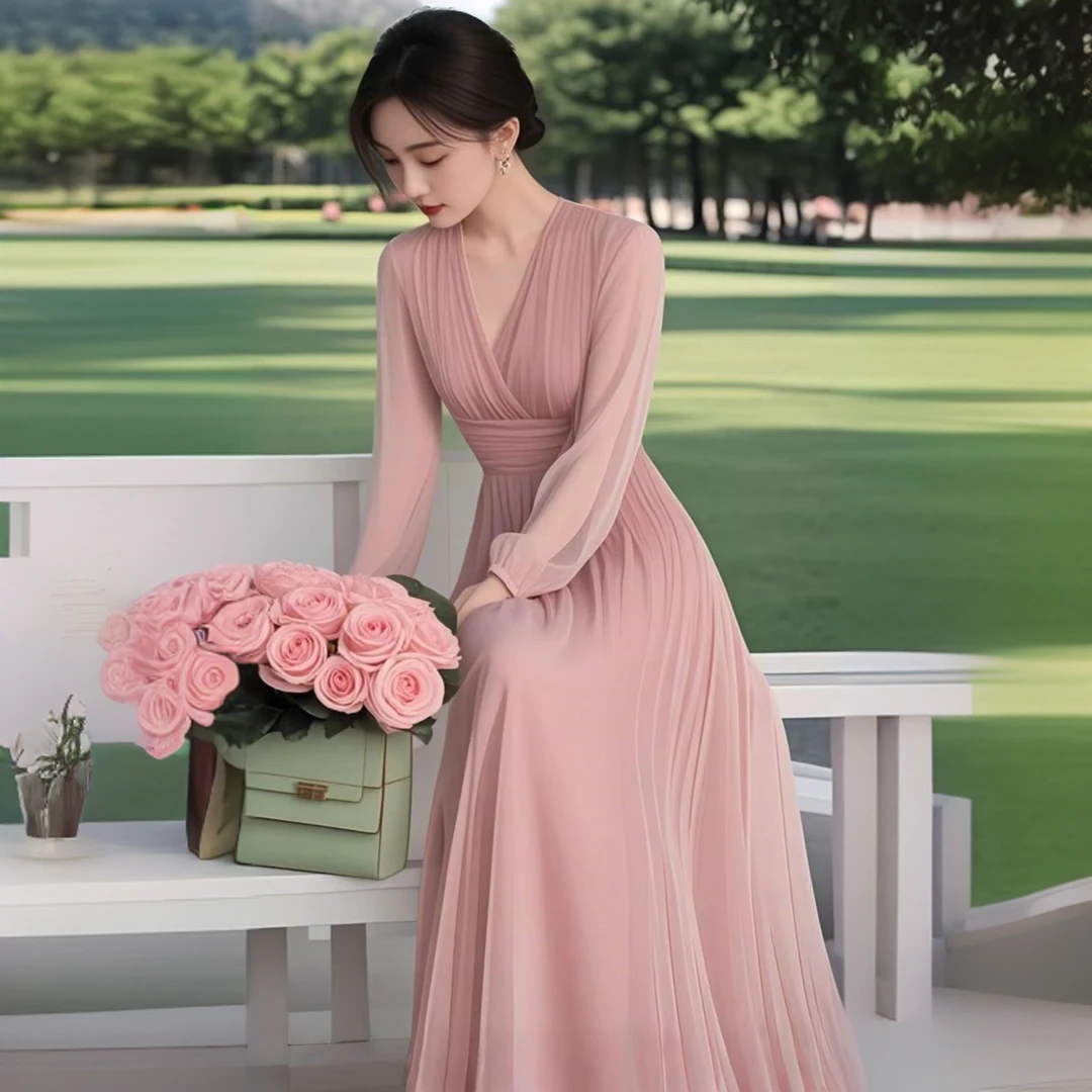 C101春季出游温柔绝美长裙女法式轻奢高级感绿色雪纺长款连衣裙