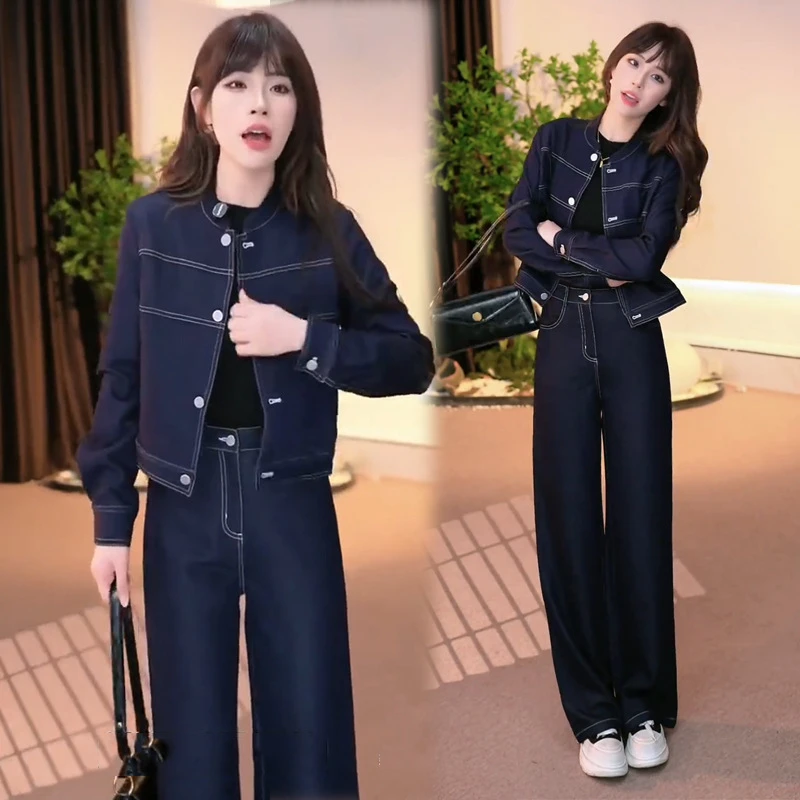 时尚牛仔套装女2025春季新款洋气减龄牛仔短外套高腰阔腿裤两件套