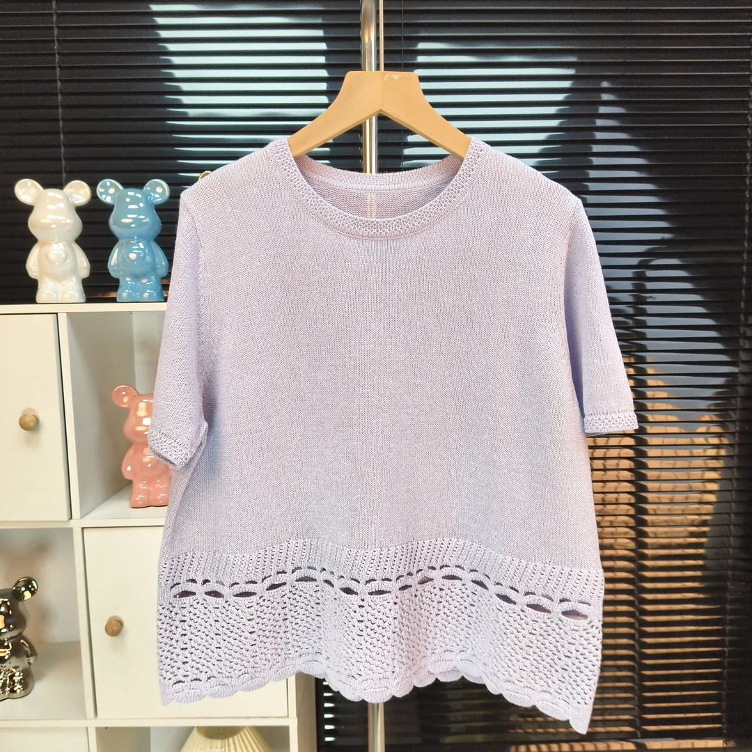 TAstyle夏日美学 和纸纱镂空钩花清爽不沾身圆领短袖针织衫t0124