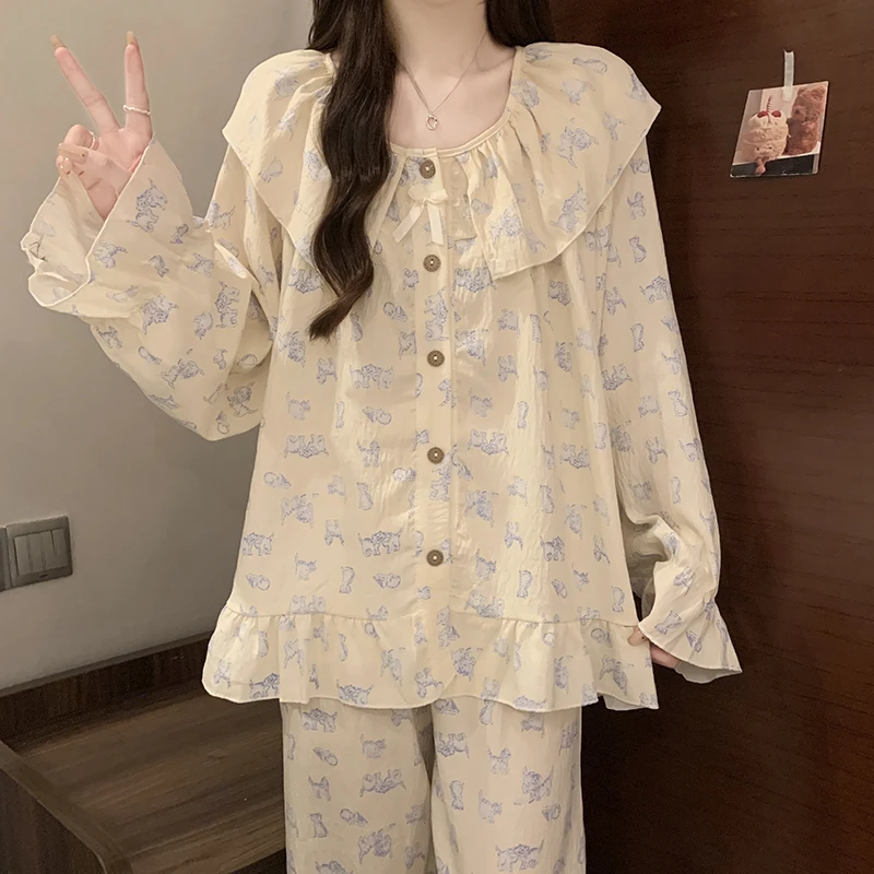 卡通猫咪睡衣少女风2025春秋款新款长袖长裤云朵棉翻领家居服套装