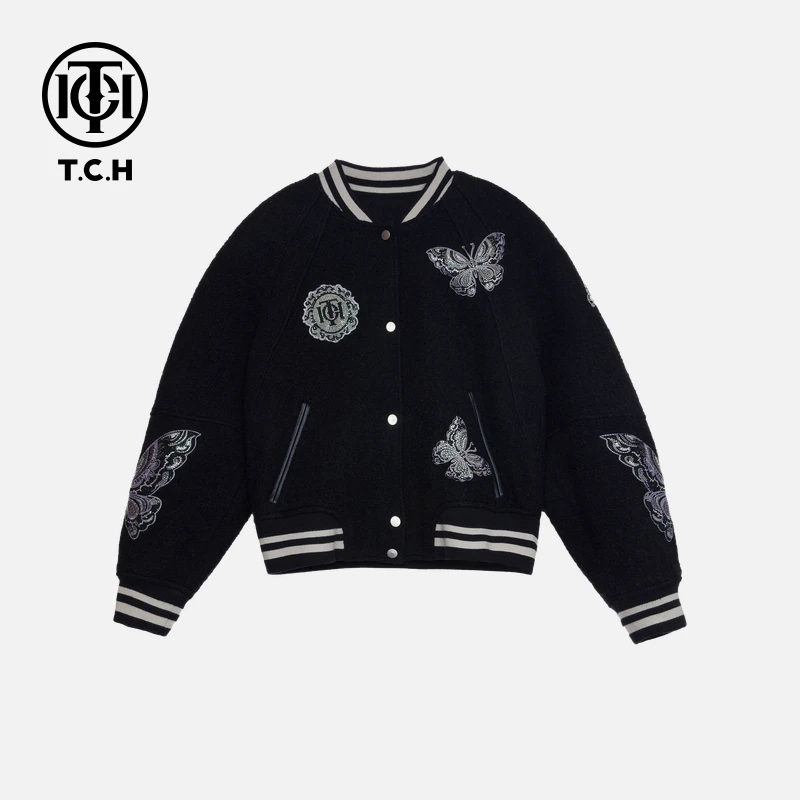 轻奢-TCH25新款时尚短款毛呢夹克外套美式棒球服T72C166016
