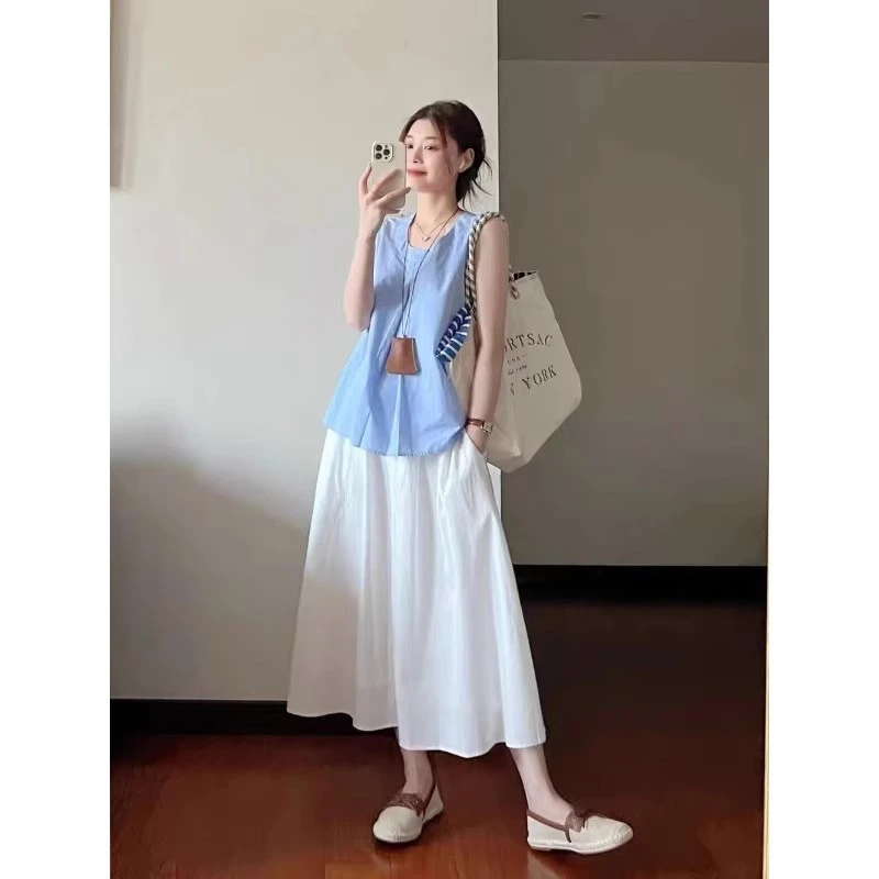 温柔风休闲套装女夏季甜美蓝色无袖背心上衣高腰半身裙法式显瘦