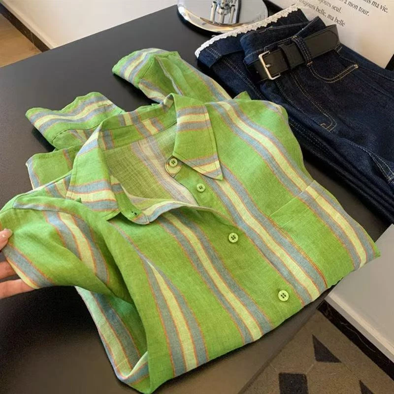 2025夏季新款韩版绿色条纹防晒衬衫女洋气减龄显瘦薄款上衣