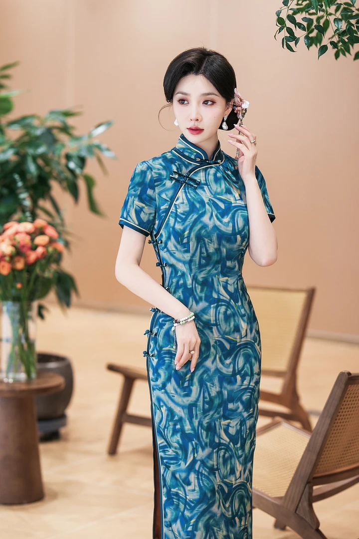 金矿矿5605重工裁剪长款八扣旗袍/M-5XL/衣长125CM/气质春修身