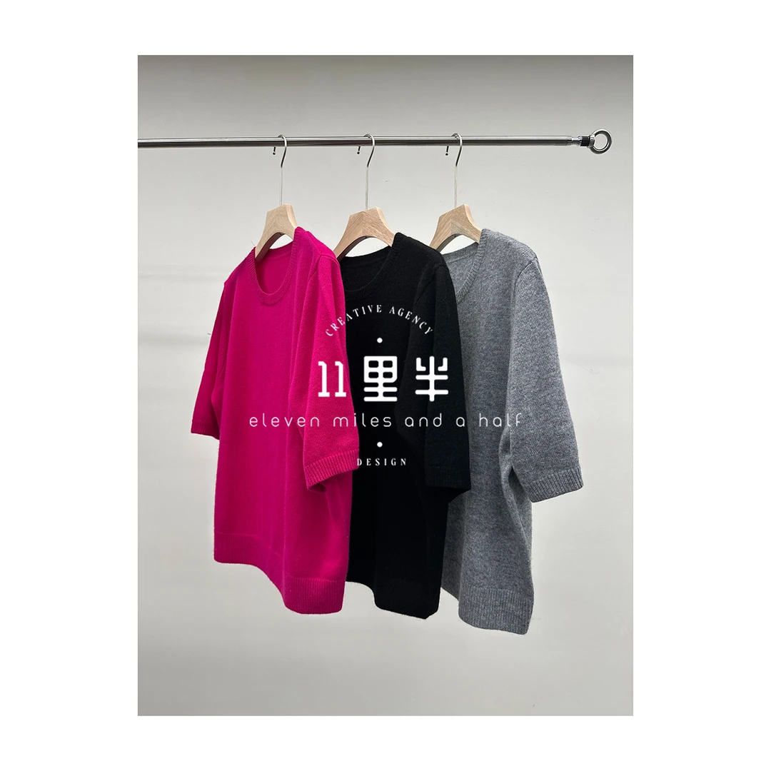 如懿11里半【素颜】火龙果色针织短袖T恤减龄半袖羊毛衫24391178