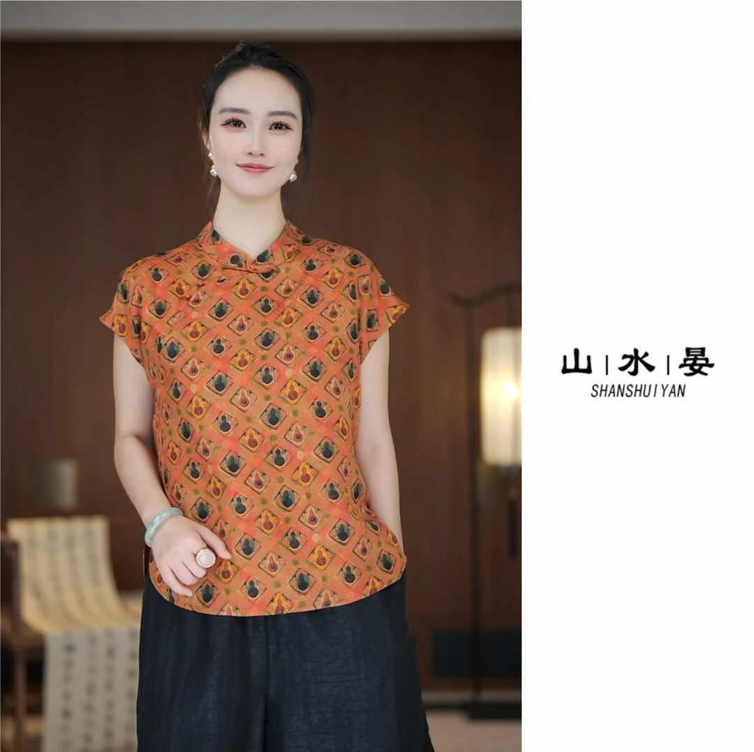 重磅桑蚕丝真丝香云纱绞螺上衣小立领休闲套头UNX903