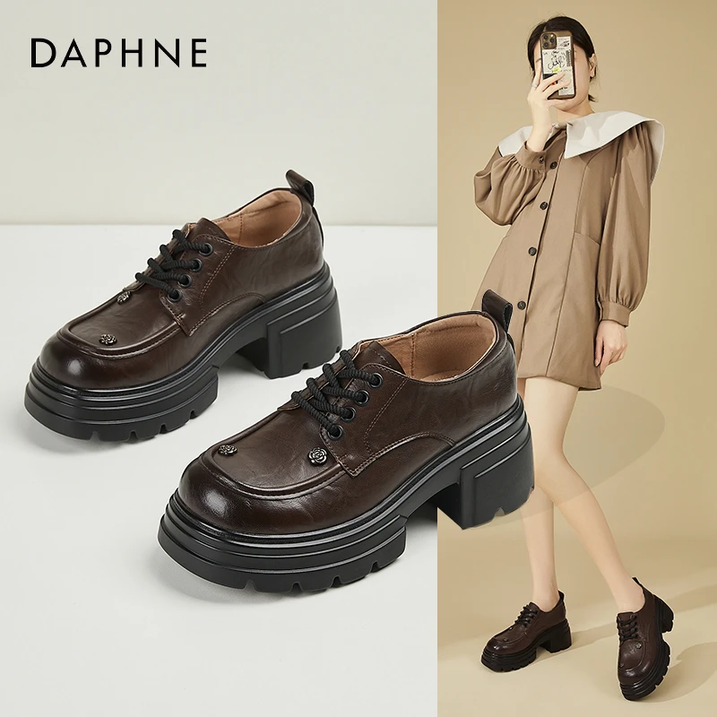 Daphne/达芙妮系带厚底深口单鞋女英伦风小皮鞋百搭黑色乐福鞋