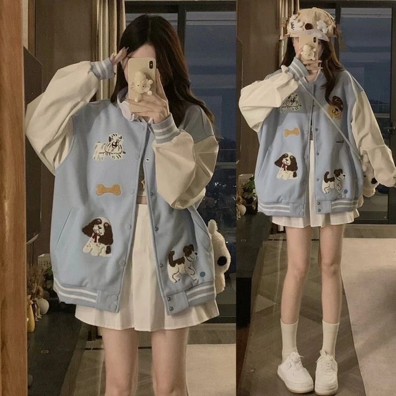 纯棉美式小狗刺绣卫衣女2025春秋宽松休闲情侣夹克上衣棒球服外套