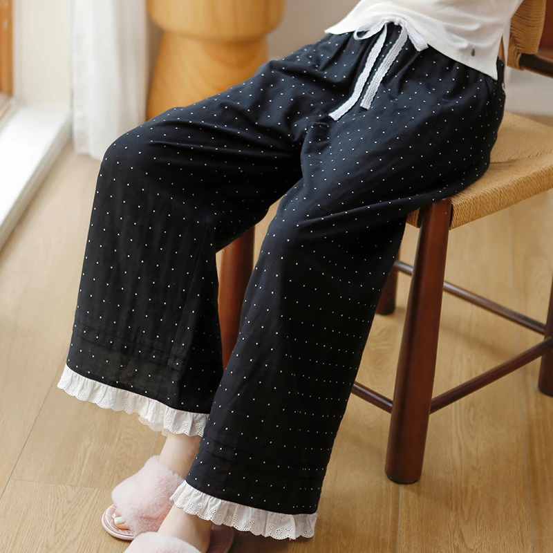 春夏女士纯棉棉纱睡裤中腰波点带花边可外穿直筒家居裤带口袋