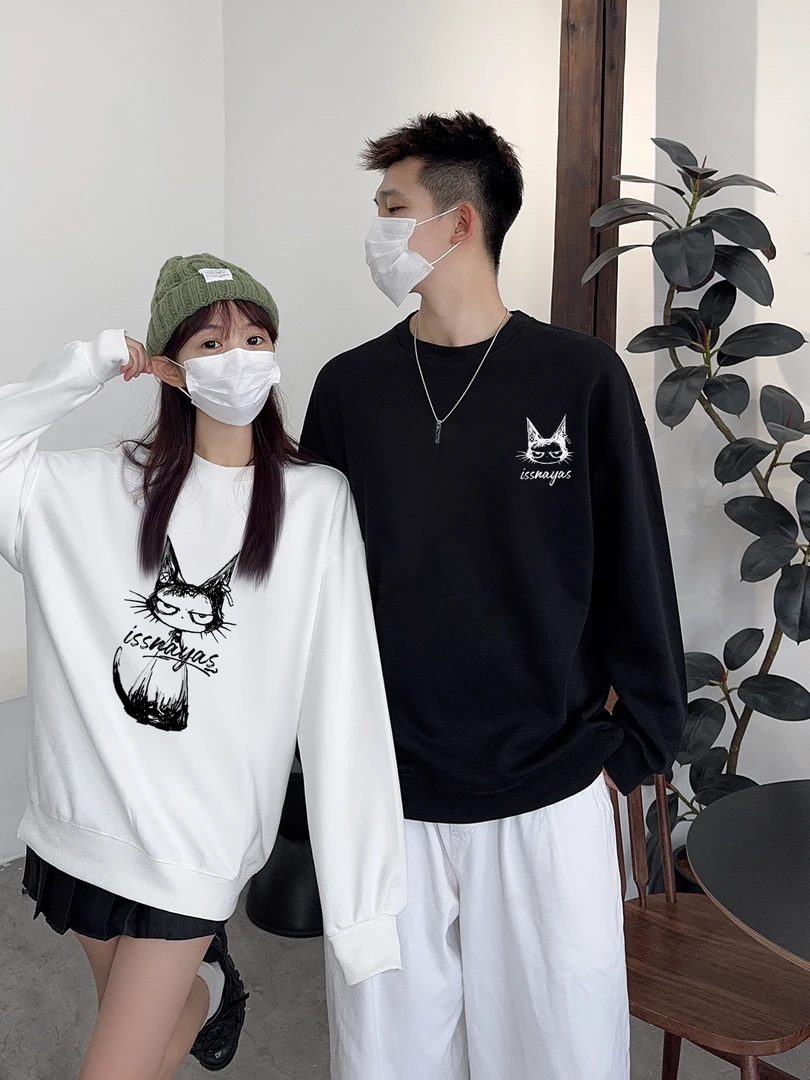 【两件装】issnayas猫咪情侣卫衣宽松韩版圆领情侣装加绒舒适长袖