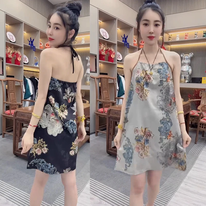 2025夏季新款时尚减龄宽松显瘦印花睡衣女气质百搭简约吊带A字裙