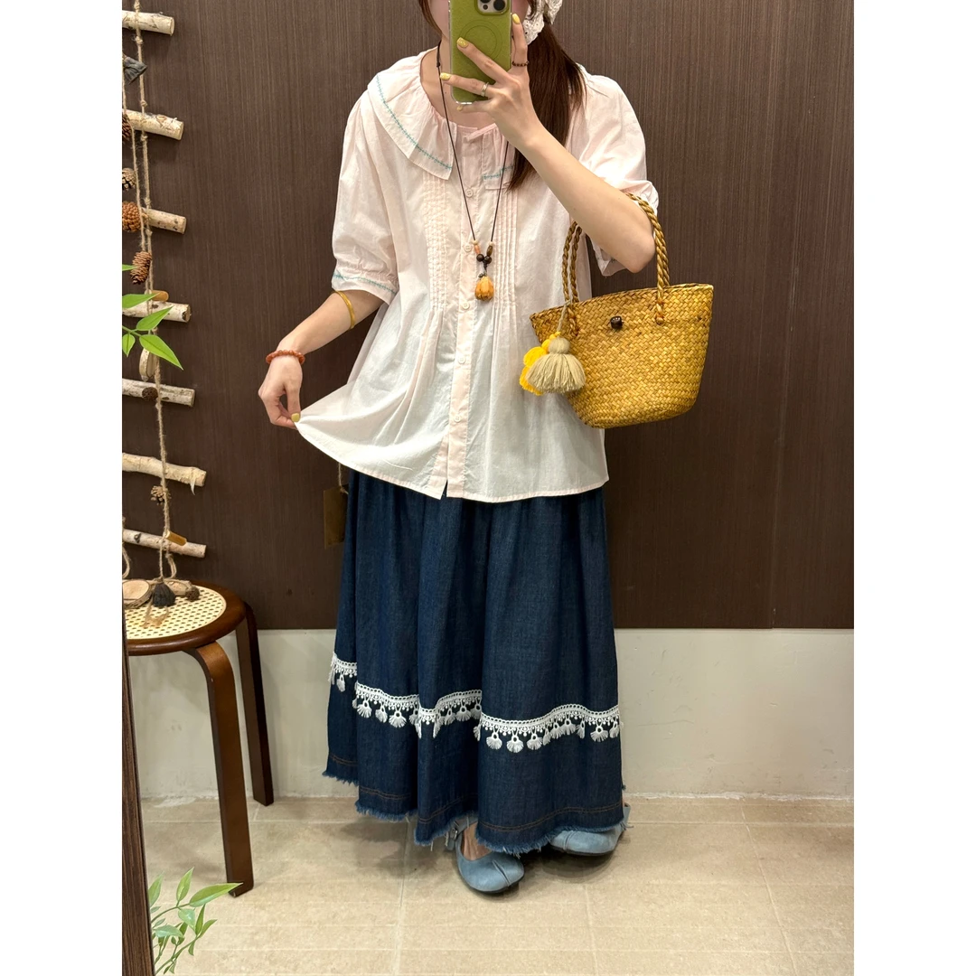 夏款上新！日系文艺复古宽松工褶领刺绣设计衬衫