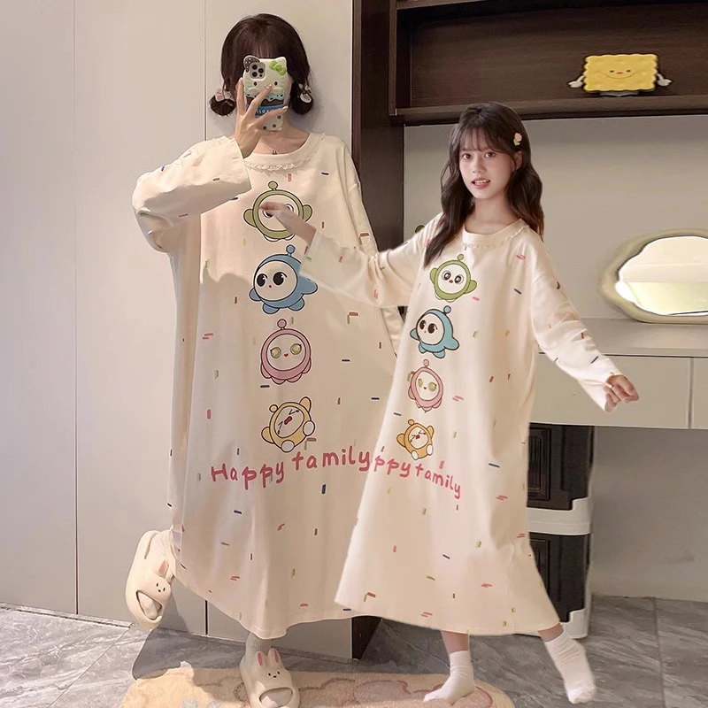 睡裙女春秋季纯棉长袖薄款中长款裙子睡衣母女儿童蛋仔派对家居服
