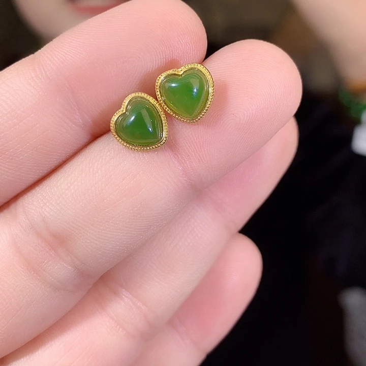 吊坠(不含链)银S925镶嵌和田玉（碧玉）耳钉