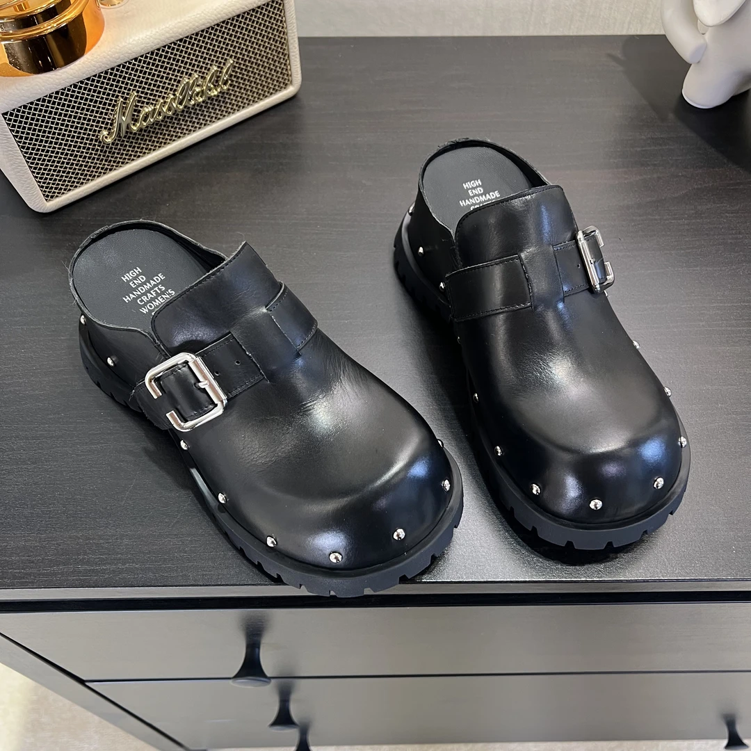 水洗牛皮2025新款设计师圆头黑色增高厚底6cm包头手工女鞋9261