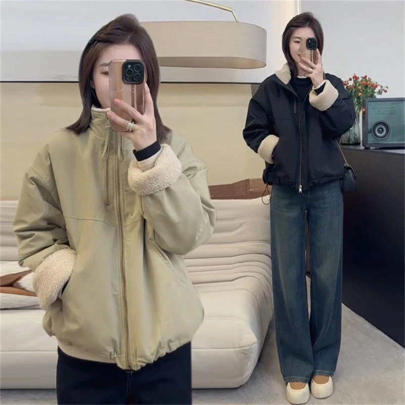 双拉链棉衣休闲冲锋衣2025秋冬新款加厚夹克宽松休闲时尚外套女款
