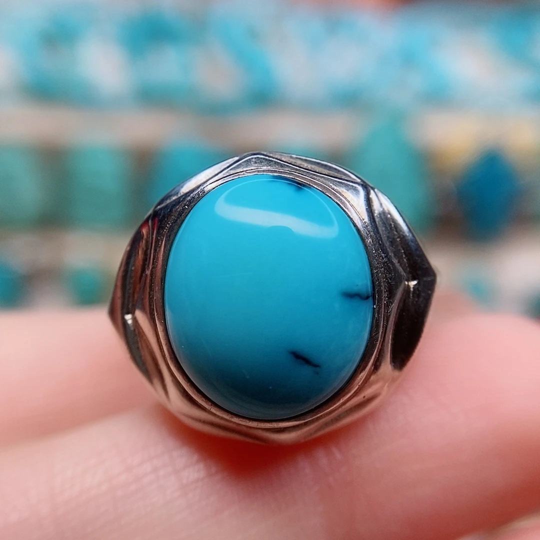 绿松石戒指男款银S925镶嵌