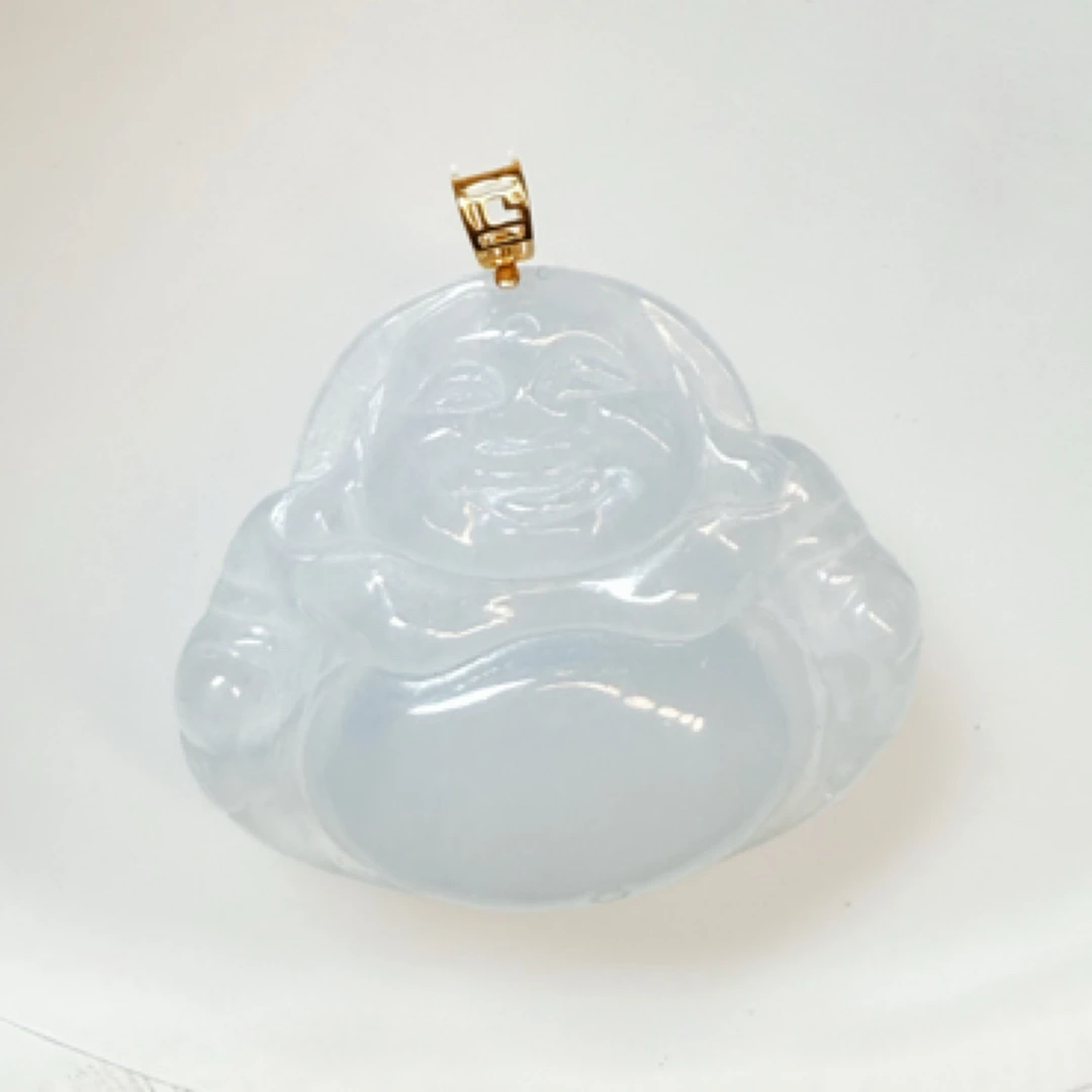 翡翠高冰弥勒佛公雕刻精美   男女款玉佩 18k 金扣头镶嵌