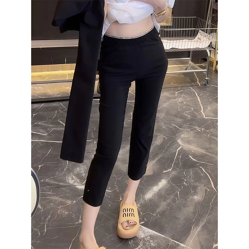 夏季薄料新款松紧腰速干小黑裤女2025百搭显瘦百搭八分烟管休闲裤