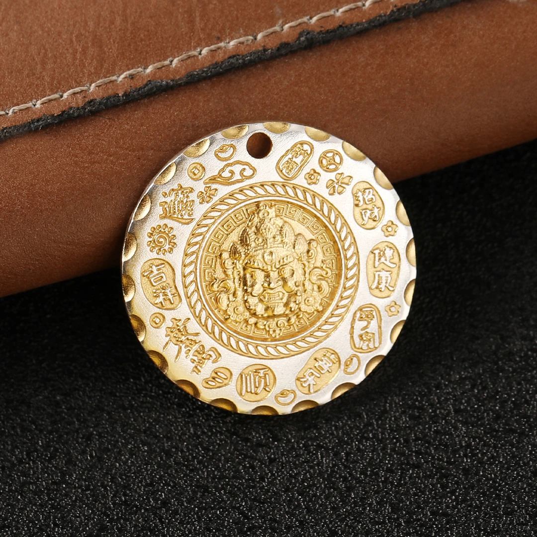 吊坠足银 足银描金黄财神吊坠男女款国潮民族风手工圆牌双面挂件