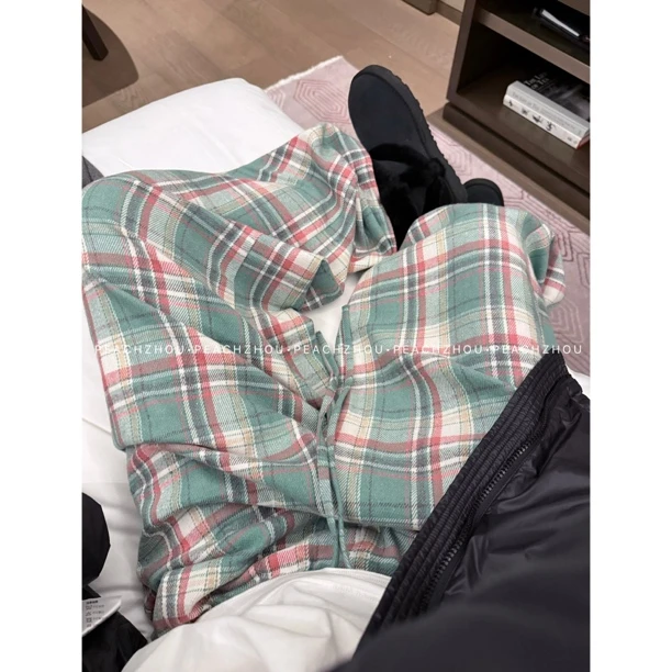 『PEACHZHOU』全棉撞色绿格子裤宽松洋气慵懒松弛休闲松紧腰阔腿裤