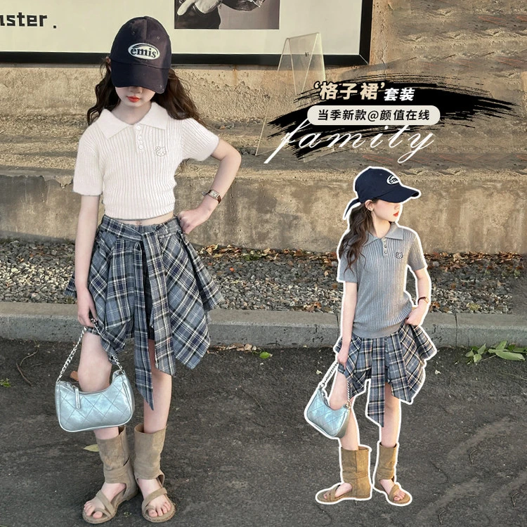 女童时髦韩版夏季儿童短袖女孩格子裙裤套装2025中大童5-12岁15岁