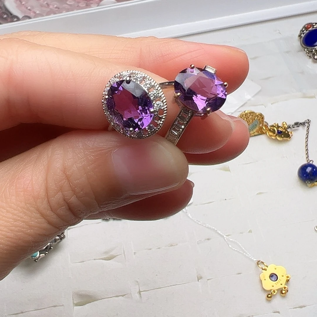 紫晶戒指银S925镶嵌开口戒