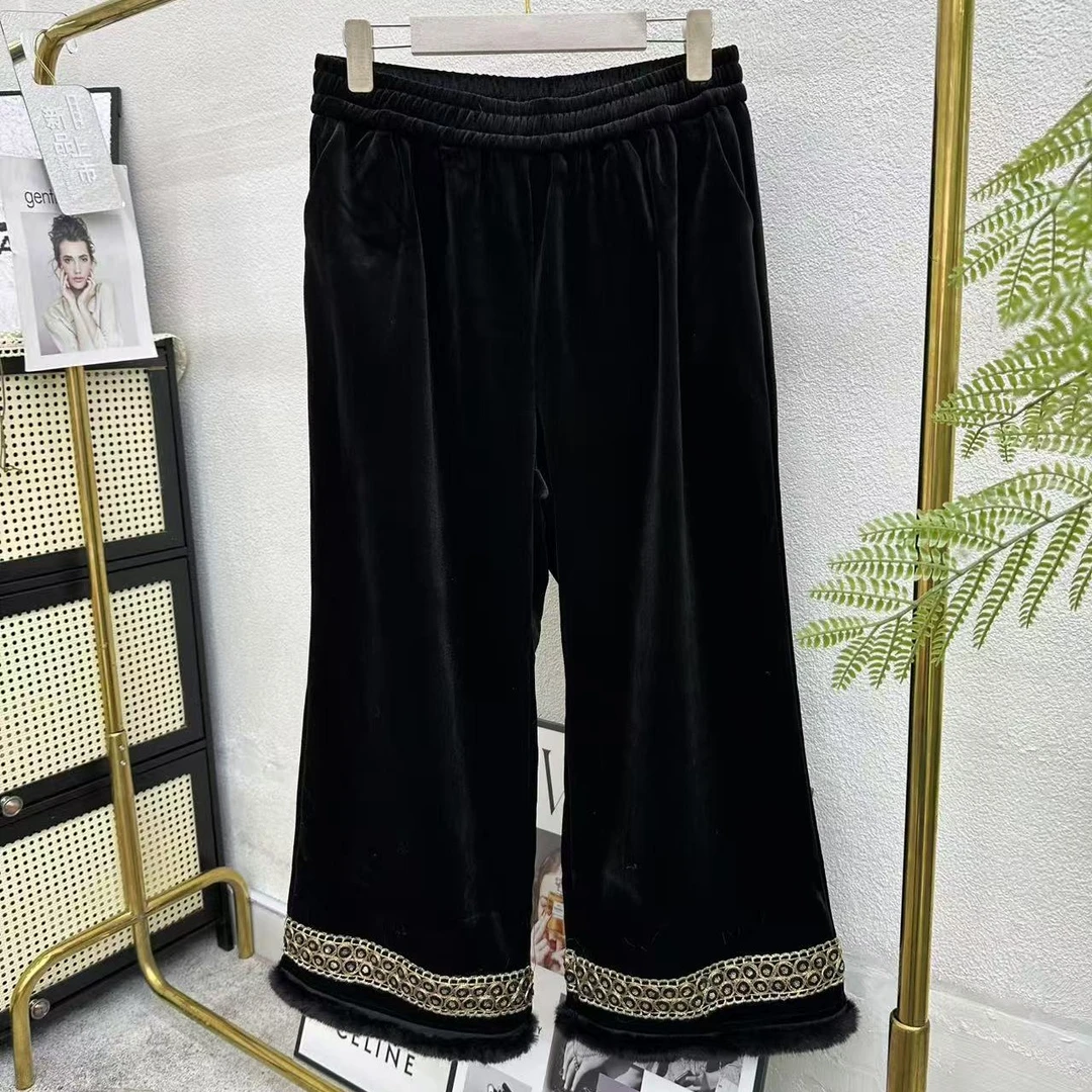 丽姐家2025秋季新款新中式国风丝绒亮片毛毛拼接裤腿时尚潮流长裤