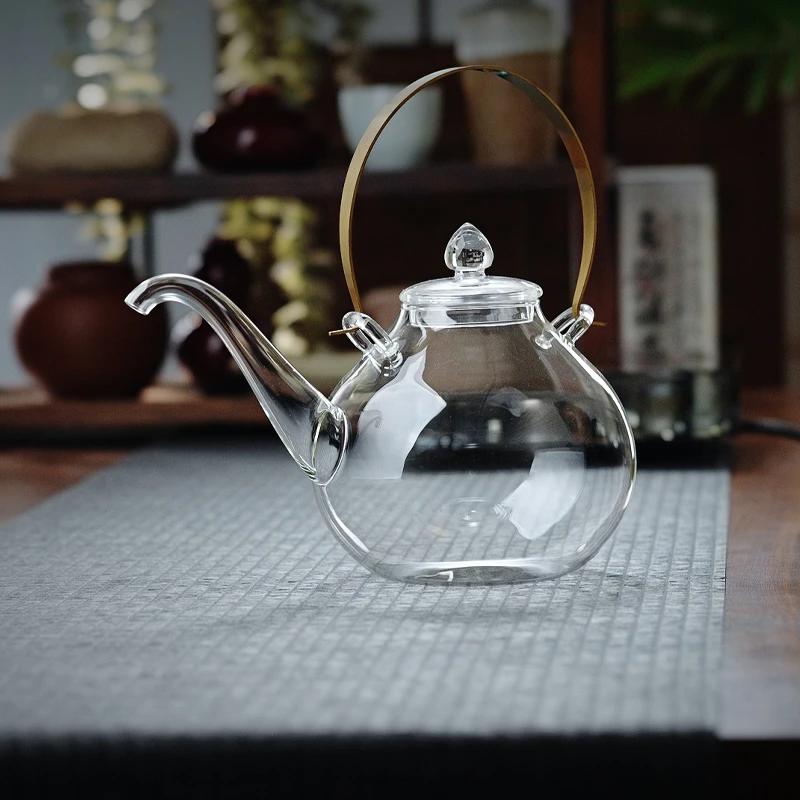 可明火家用泡茶煮茶壶高硼硅加厚玻璃铜把提梁壶围炉养生煮茶壶