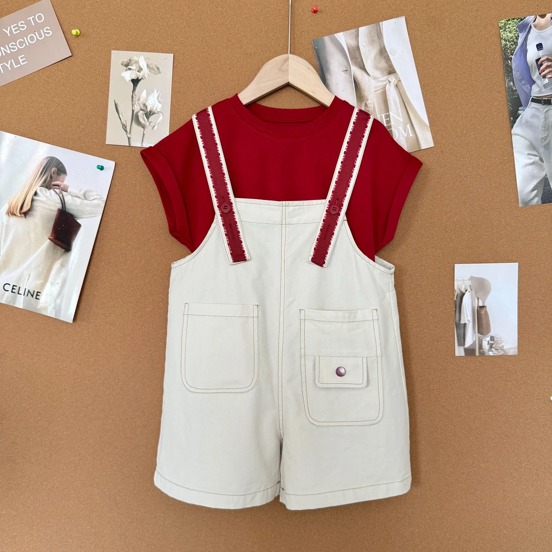 肉肉家-【甜心暴击】女童夏季果冻棉红短袖T恤+天Si棉背带裤套装