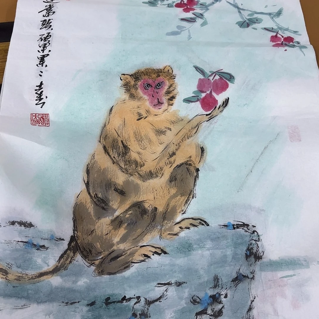 国画四尺三开花鸟童