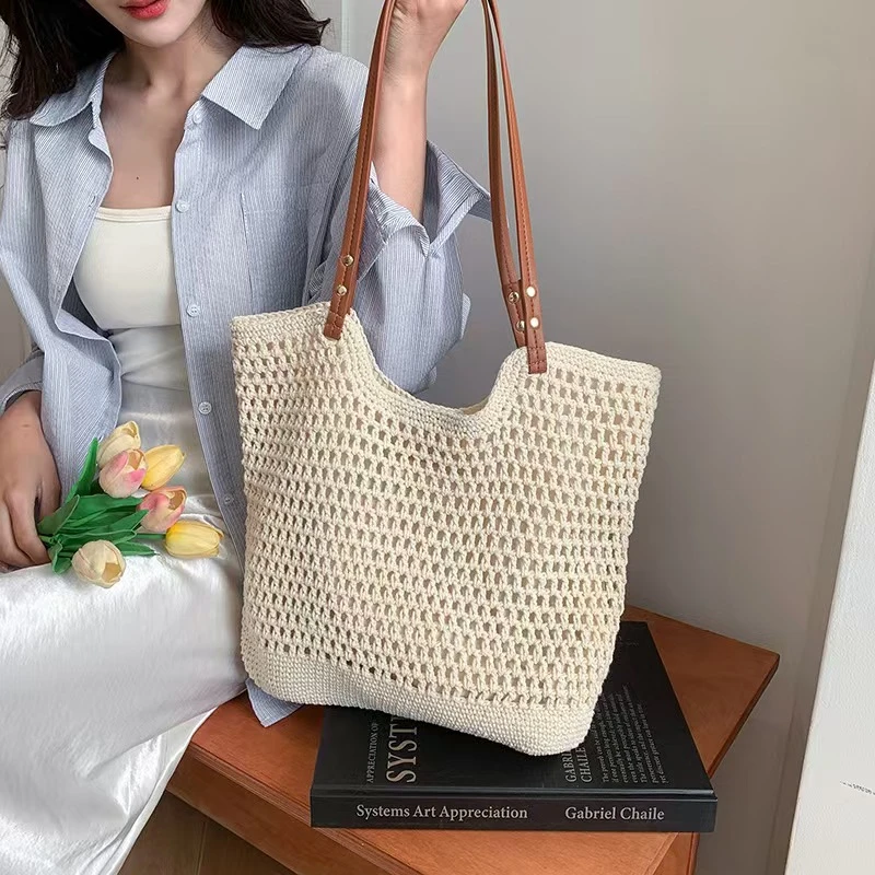 文艺森系手工编织大容量包包外出旅游轻便镂空棉线编织网纹托特包